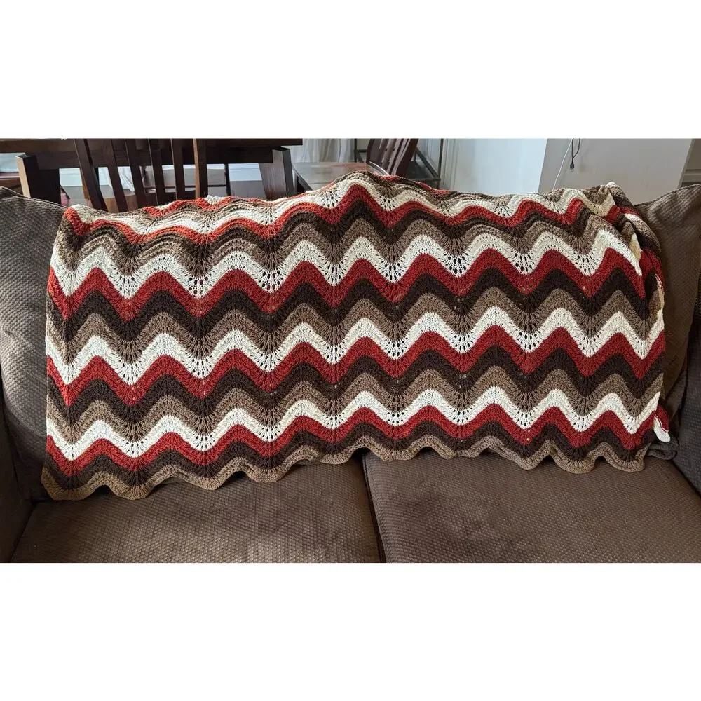 Handmade Crochet Afghan Throw Blanket  Rustic-Toned Yarns Chevron Ripple Pattern